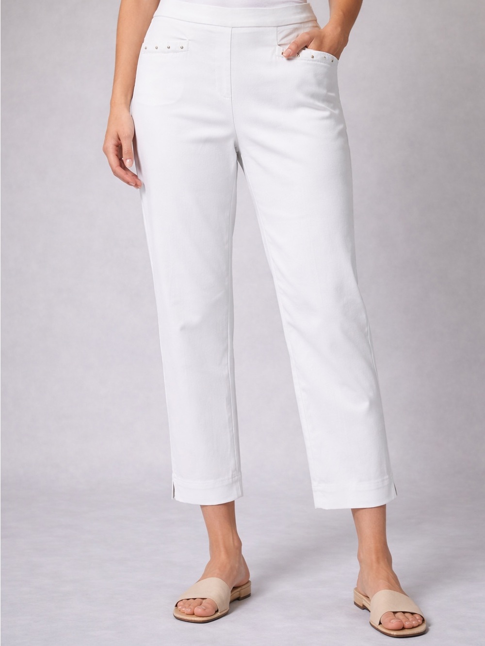 White Cropped Straight-Leg Pants with Studded Pockets